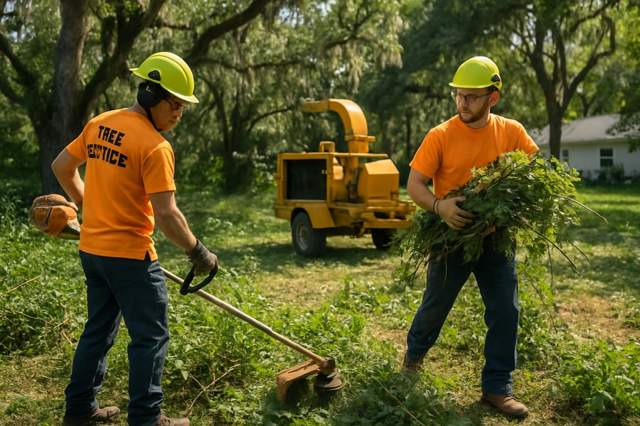 Tree service professionals clearing brush and maintaining a property in Central Florida